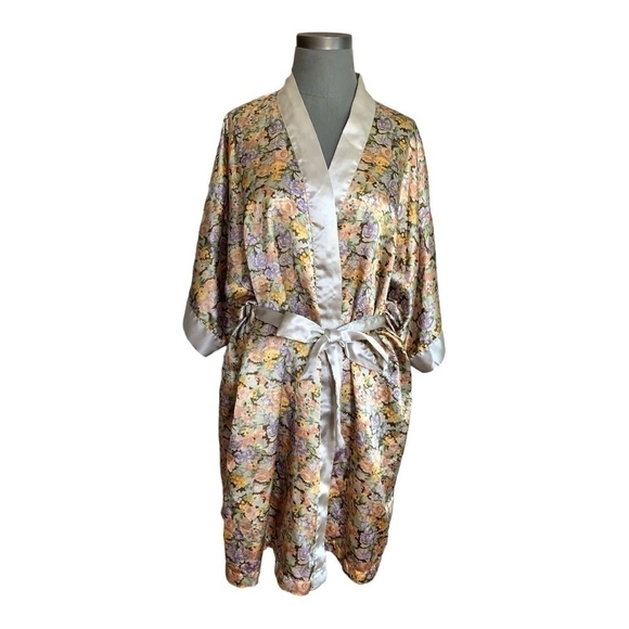 Women’s Floral Satin Robe JUST LOVE Bathroom Robe Short Sleeve Wrap Robe - Picture 3 of 8